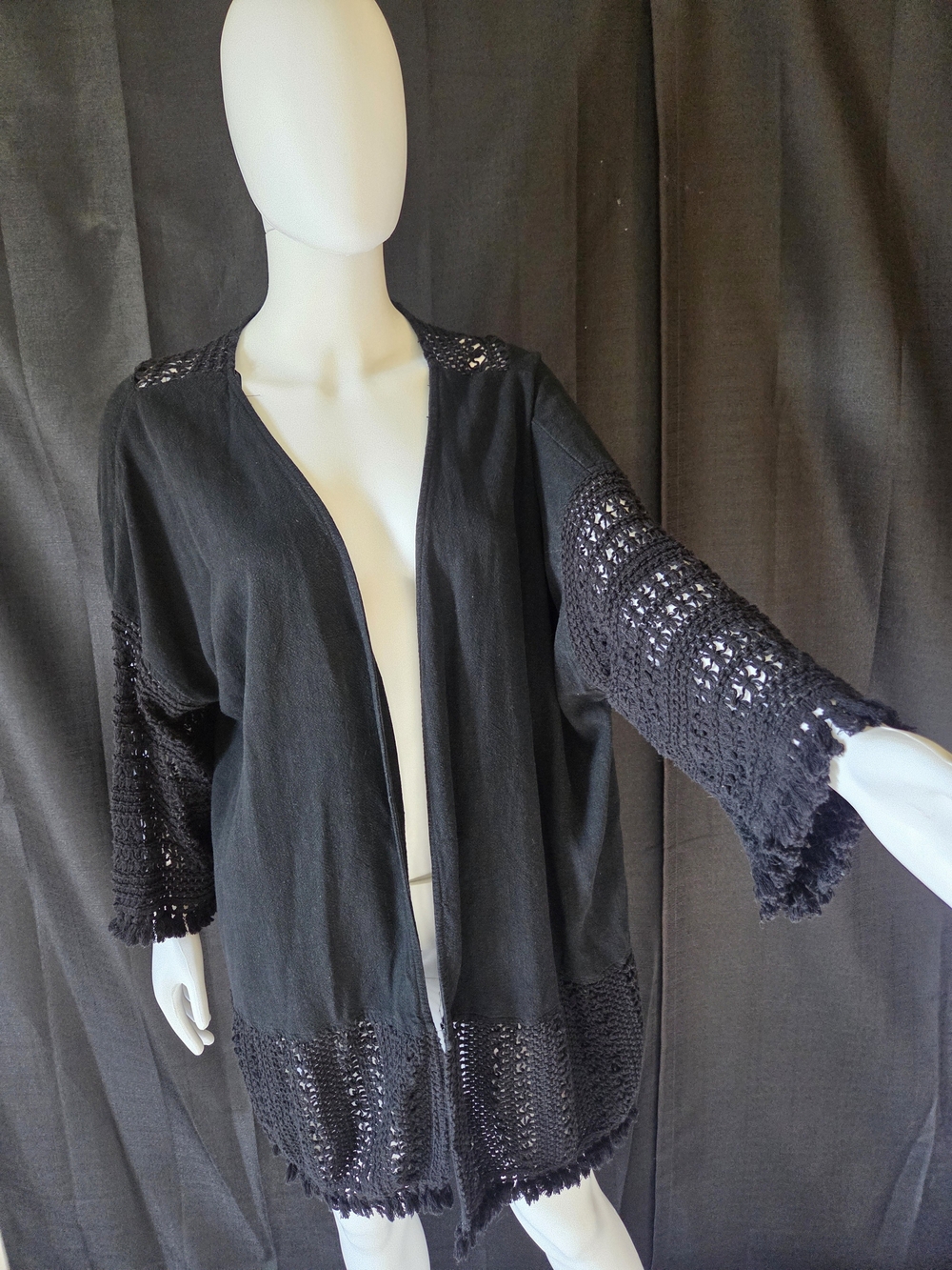 Boho Hippie Minimalist Umgee Black Linen Cotton Crochet Open-Front Kimono